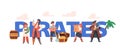 Children Pirates Concept. Funny Kids in Traditional Costumes, Captain with Parrot, Picaroon Character with Treasure Map