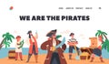 Children Pirates Landing Page Template. Kids Character Wear Picaroon Costumes with Treasure Chest, Bottle with Message