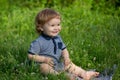 Children on pirnic. Cute baby on green grass in summertime. Funny little kid on nature. Happy Childhood. Royalty Free Stock Photo