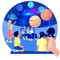 Children in Planetarium Study Planets. Vector.