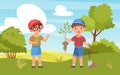 Children plant seedling, happy kid boy farmer character holding tree sapling, gardening