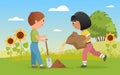 Children plant seeds, funny child boy holding shovel, little happy farmer girl planting Royalty Free Stock Photo