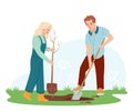 Children planting tree in spring. Kids working in garden. Vector illustration for environment protection, nature care Royalty Free Stock Photo