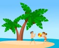 Children play ball on the beach, palm trees on uninhabited island. Travelling to hot countries