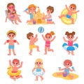 Children play ball at beach, swim and make sand castle. Cartoon kids characters in swimsuits at summer vacation at sea Royalty Free Stock Photo