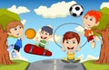 Children play basketball, jumping rope, soccer and skateboard on the street cartoon vector illustration Royalty Free Stock Photo