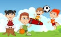 Children play basketball, soccer and skateboard on the street cartoon Royalty Free Stock Photo