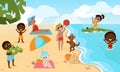 Children play on the beach, swim, run to the water, frolic with the dog. Summer vacation in cartoon style near the sea. Royalty Free Stock Photo