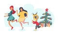 Children play catch-up under the Christmas tree. A boy in a bull mask is catching up with the girls. New Year`s games on