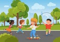 Children play in city park, summer activity in nature, kids run fun, happy childhood Royalty Free Stock Photo