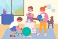 Children play and clean room together, tidy mess, girls and boy putting toys into box