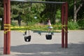 Children play on a closed Toronto public playground during the Covid-19 Pandemic.