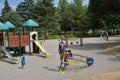 Children play on a closed Toronto public playground during the Covid-19 Pandemic.