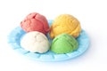 Children play colorful dough mold is a colorful ice cream in blue plastic plate on white background. Royalty Free Stock Photo