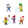 Children play different winter games. Boy and girl build snowman. Set of various kids in warm clothes