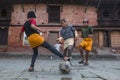 Children play football after lesson at Jagadguru School.