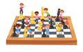 Children play giant chess. Boys and girls play with bishop, queen and knight figures on huge chessboard cartoon vector Royalty Free Stock Photo