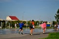 Children play with jets of a fountain on a hot sunny afternoon in the park of the 50th anniversary of JSC AvtoVAZ. Royalty Free Stock Photo