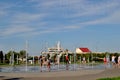 Children play with jets of a fountain on a hot sunny afternoon in the park of the 50th anniversary of JSC AvtoVAZ. Royalty Free Stock Photo