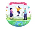 Children play jump rope to celebrate world children`s day vector illustration