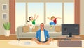 Children play and jump on sofa behind angry and stressed meditation father. Cartoon characters home.