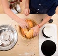 Children play in kitchen. Boy and girl with bread rolls in toy k Royalty Free Stock Photo