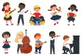 Children play music, cartoon kid musician character collection, child playing musical instrument