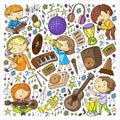 Children play music. Musical education, theatre, school.