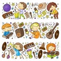 Children play music. Musical education, theatre, school.