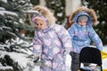 Children play outdoors in snow. Two little sisters enjoy a sleigh ride. Child sledding. Toddler kid riding a sledge. Kids sled in Royalty Free Stock Photo