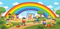 Children play outside with rainbow background.