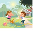 Children play outside. Summer background. House with backyard