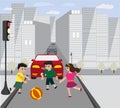 Children play on road while traffic light is red