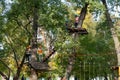 Children play in the rope park among the forest. Child in the forest adventure park. Children in protective helmets walk