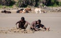 Children play in the sand at Second Beach, Port St Johns on the wild coast in Transkei, South Africa.