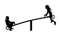 Children play on seesaw silhouette. Rocking chair climbing teeter vector. Happy kids fun in entertainment park. Girls after school