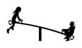 Children play on seesaw silhouette. Rocking chair climbing teeter vector. Happy kids fun in entertainment park. Girls after school