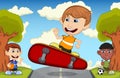 Children play skateboard, basketball and soccer on the street cartoon vector illustration Royalty Free Stock Photo