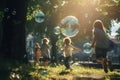 Children play with soap bubbles in the park on a sunny summer day, Children running after a soap bubble in an urban park, AI Royalty Free Stock Photo