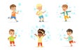 Children play with soap bubbles. Vector illustration. Royalty Free Stock Photo
