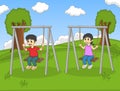Children play swing in the park cartoon
