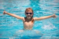 Children play in tropical resort. Family beach vacation. Kid boy swim in swimming pool. Kids learn to swim. Child Royalty Free Stock Photo