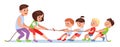 Children play tug of war with adults. Family pulls rope. Competitive game. Kids gaming sports and activities. Strength