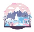 Children play in the yard, kids play snowballs and sledding - Vector flat cartoon illustration Royalty Free Stock Photo