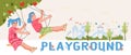 Children playground banner or flyer template with girls swinging on swing, vector.