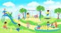 Children at playground in city park, happy kids playing outdoor, vector illustration Royalty Free Stock Photo