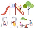 Children at playground, collection, boy at slide, boy and girl at swing, girls at up-and-down Royalty Free Stock Photo