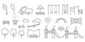 Children playground entertainment set with swings, sandbox and bench in park. Kids area icons. Outline vector