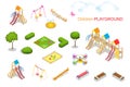 Children playground. Flat 3d isometric vector illustration for infographics. Swing carousel sandpit slide rocker rope