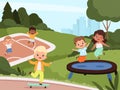 Children playground. Happy toddler boys and girls playing with toys in park enjoy friends outside nowaday vector